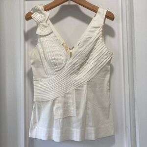 BCBG MaxAzria White Cotton V-Neck Bow Fitted Top Size XXS